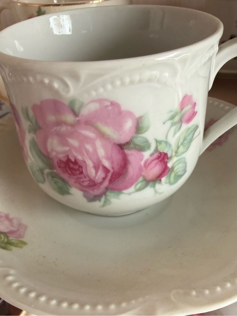 VNT Crown Staffordshire England Pink Rose Teacup & Saucer SetFloral Bone China